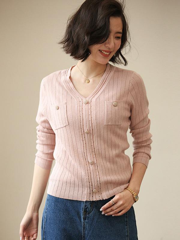 Pink V-neck Knit Top with Buttons