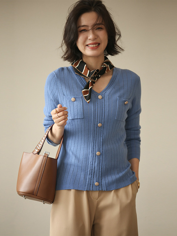 Blue V-neck Knit Top with Buttons