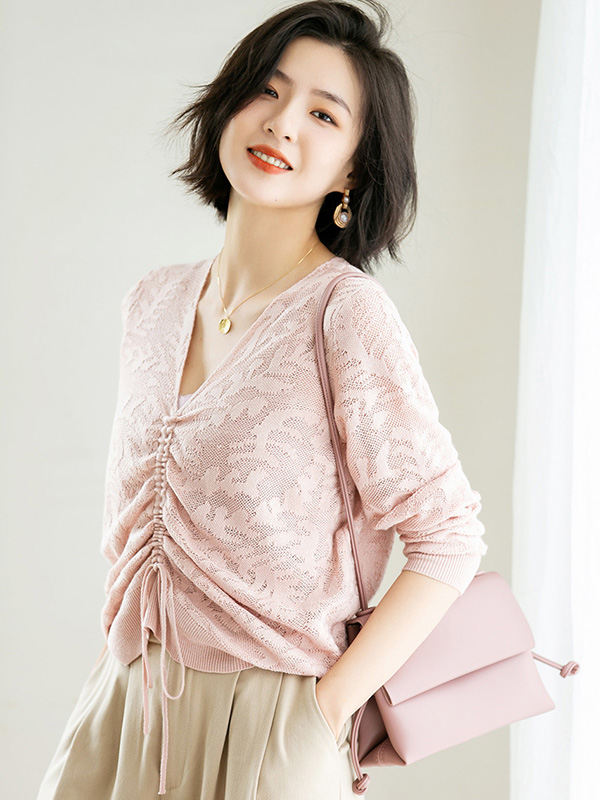 Pink Floral Hollow Out Knitted Top