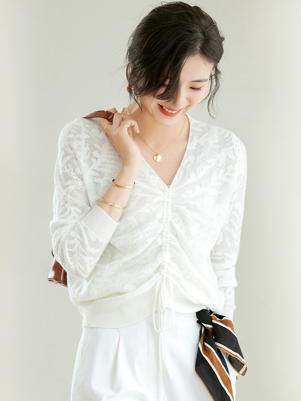 White Floral Hollow Out Knitted Top