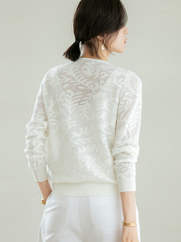 White Floral Hollow Out Knitted Top