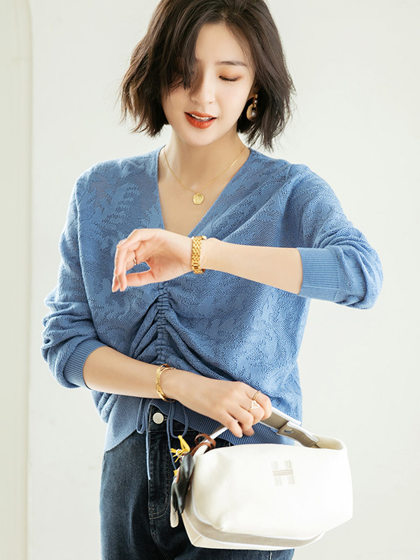 Blue Floral Hollow Out Knitted Top