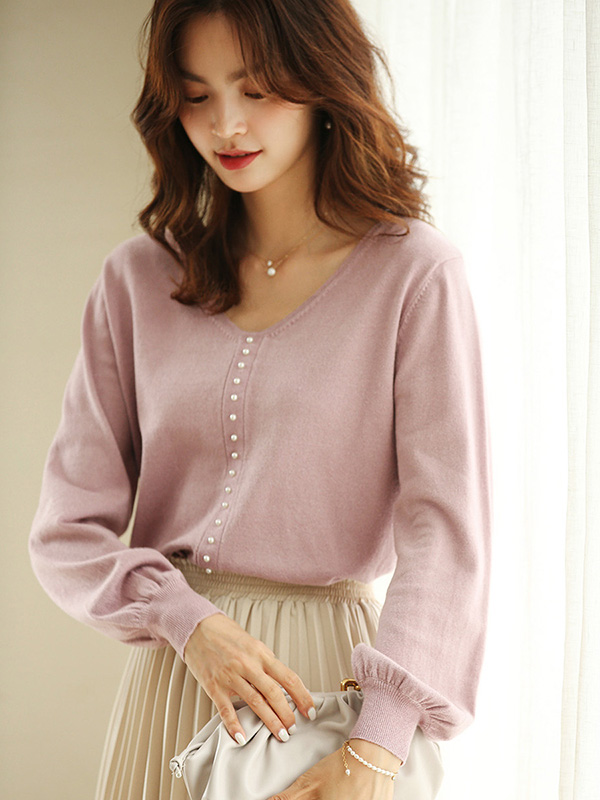 Pink V Neck Beaded Knit Top