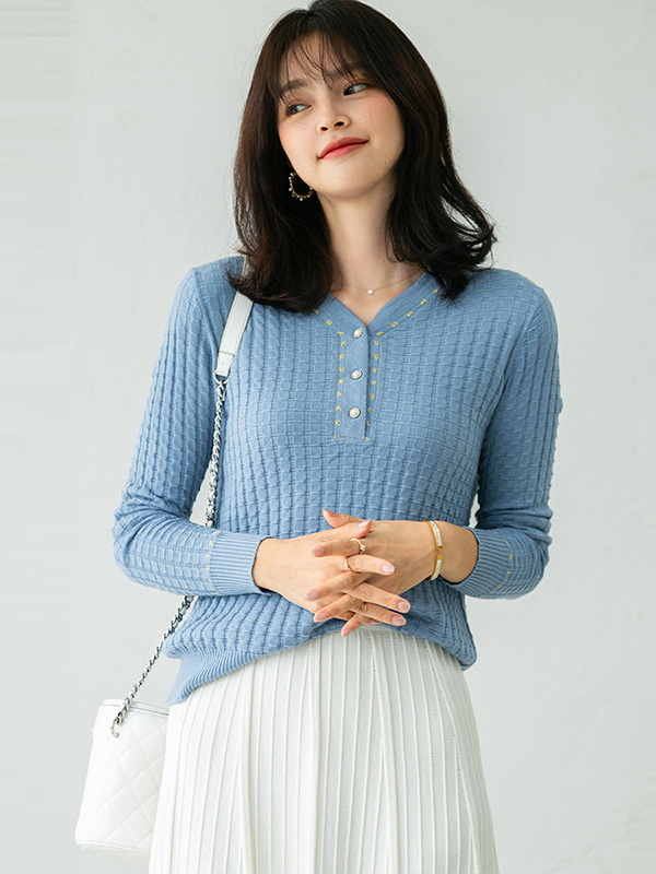 Blue V Neck Knitted Top