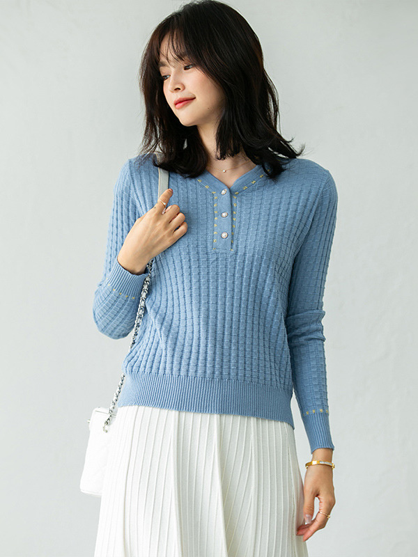 Blue V Neck Knitted Top