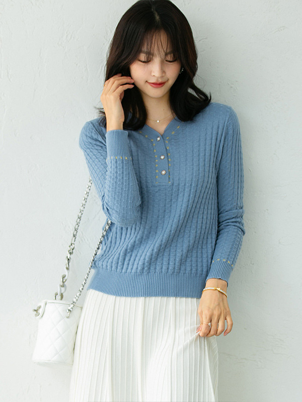 Blue V Neck Knitted Top