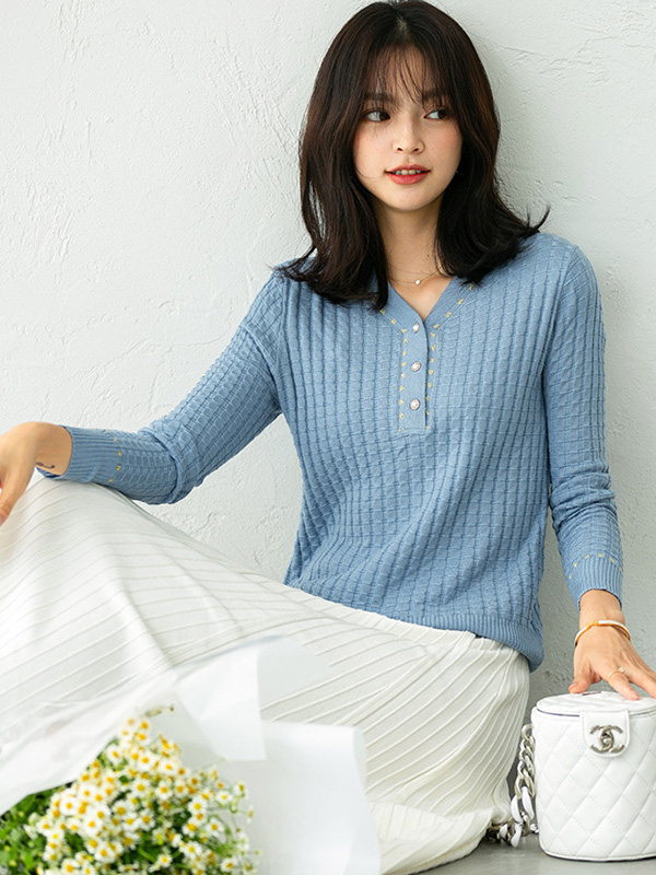 Blue V Neck Knitted Top