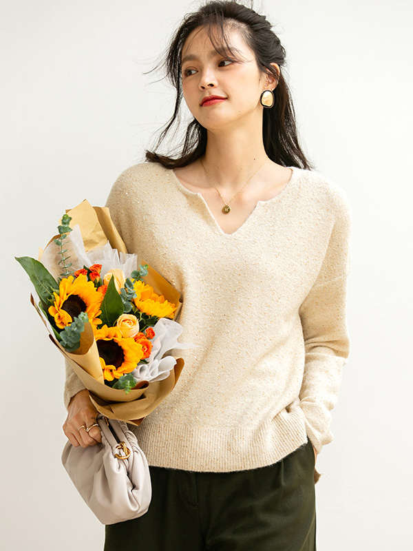 Apricot V Neck Sweater with Sequins