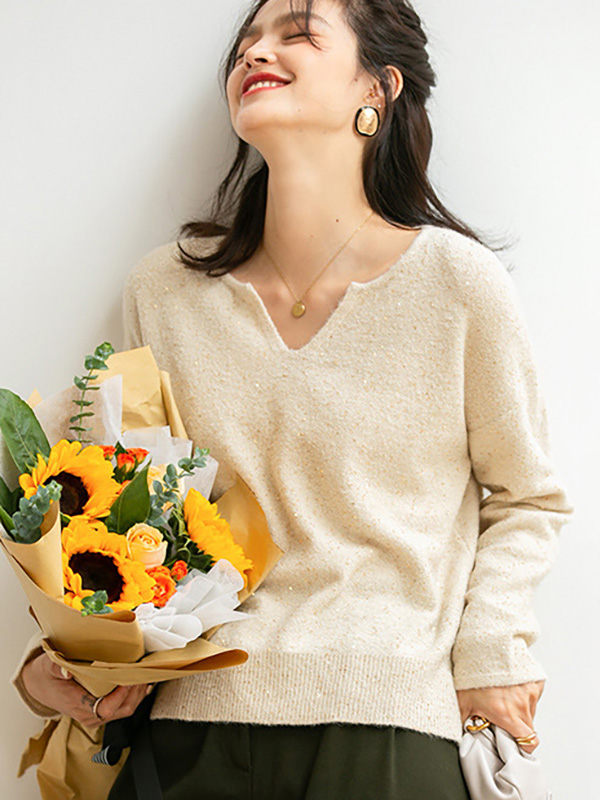 Apricot V Neck Sweater with Sequins