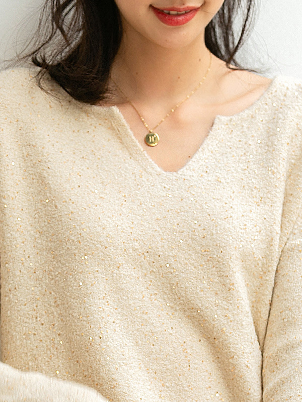 Apricot V Neck Sweater with Sequins