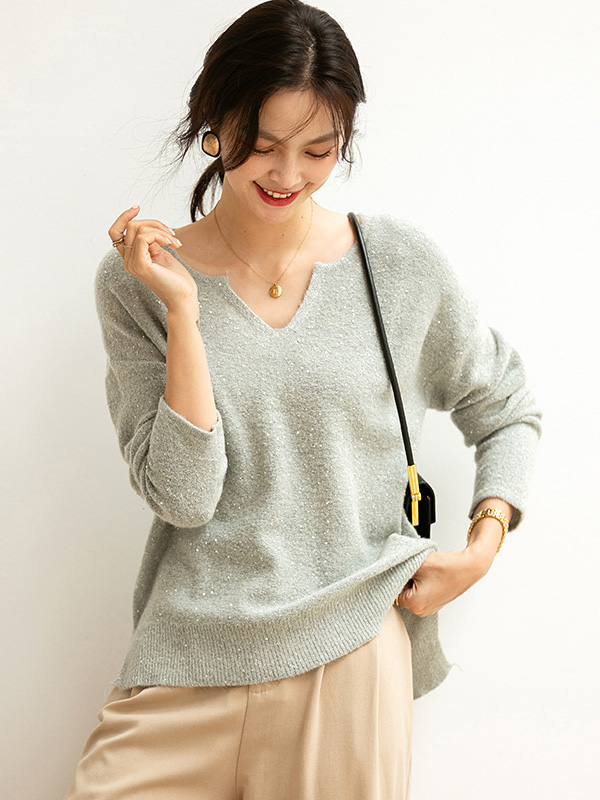 Grey V Neck Sweater with Sequins