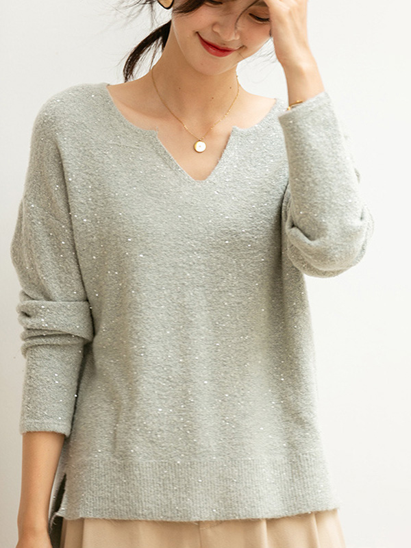 Grey V Neck Sweater with Sequins