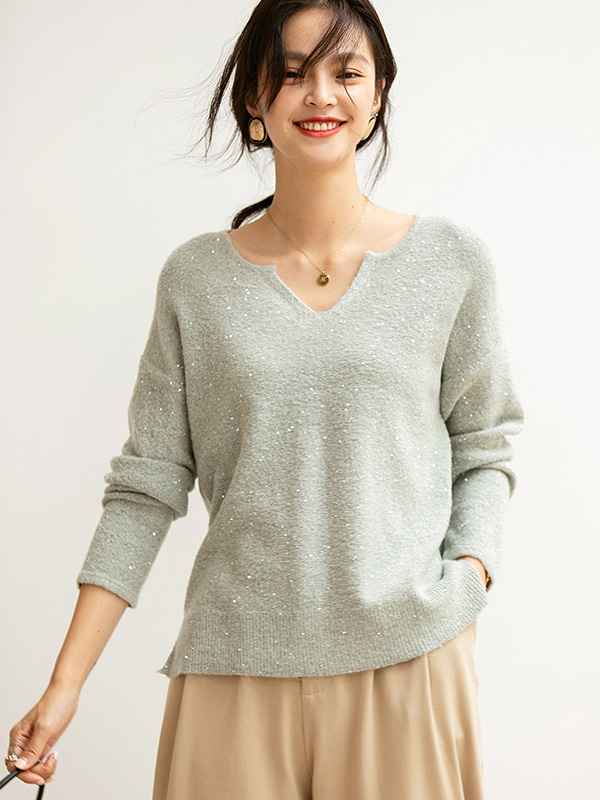 Grey V Neck Sweater with Sequins