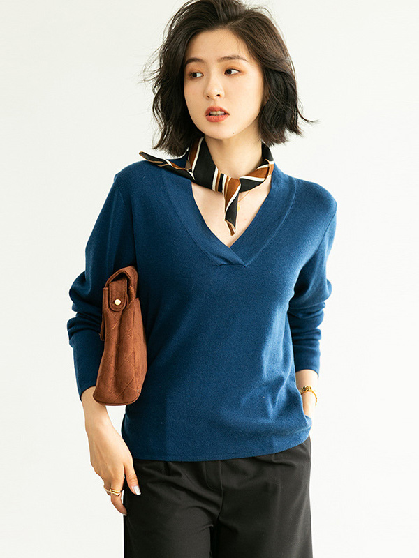 Blue Deep V Neck Knitted Top