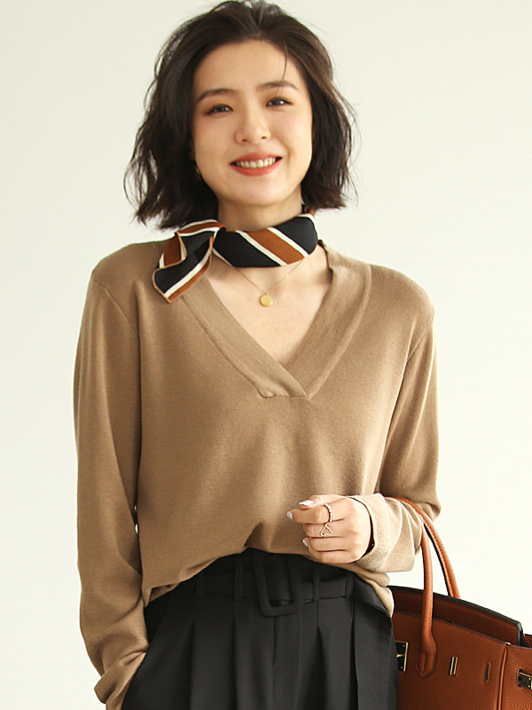 Khaki Deep V Neck Knitted Top