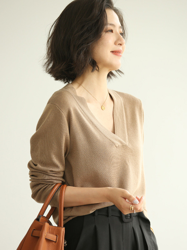 Khaki Deep V Neck Knitted Top