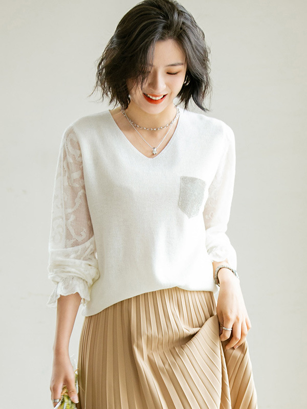 White V Neck Lattern Sleeve Knitted Top