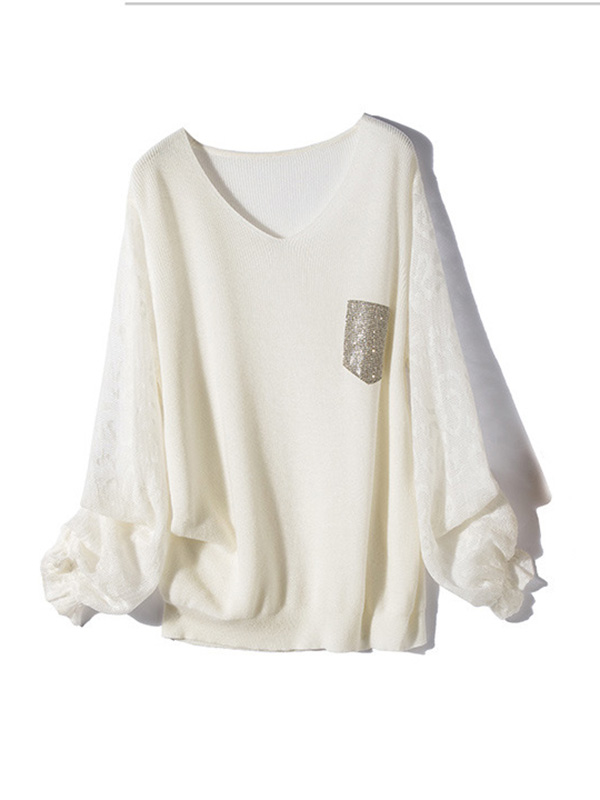 White V Neck Lattern Sleeve Knitted Top