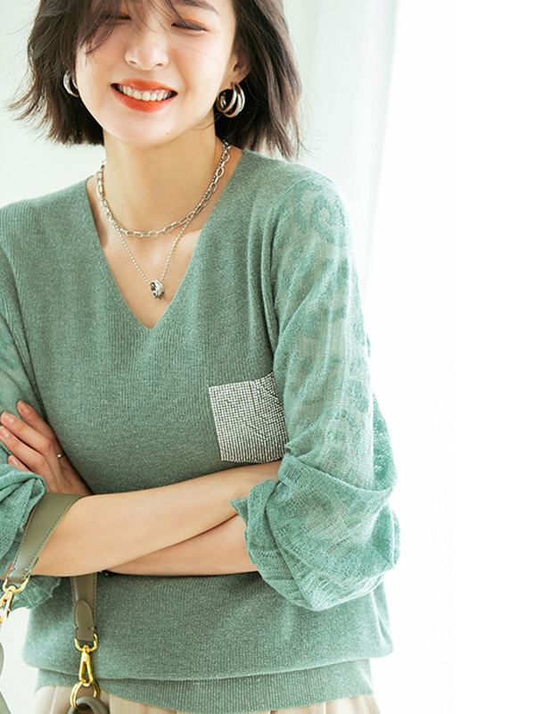 Green V Neck Lattern Sleeve Knitted Top