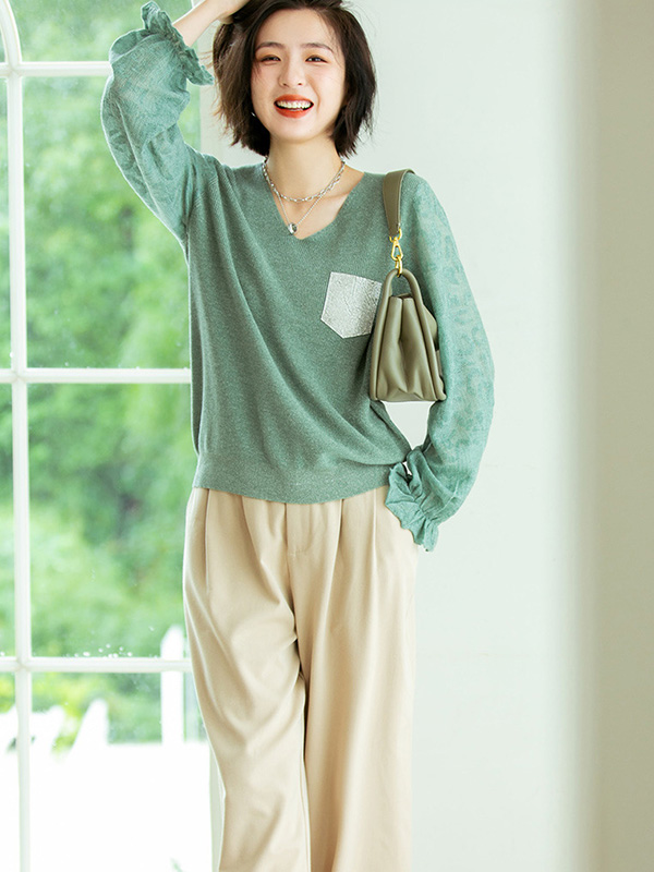 Green V Neck Lattern Sleeve Knitted Top