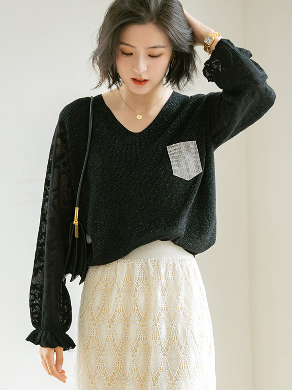 Black V Neck Lattern Sleeve Knitted Top