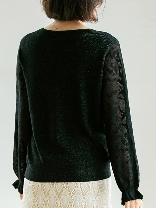 Black V Neck Lattern Sleeve Knitted Top