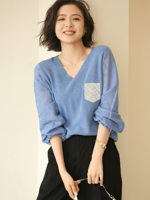 Blue V Neck Lattern Sleeve Knitted Top