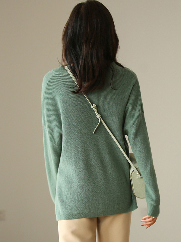 Green V Neck Loose Sweater