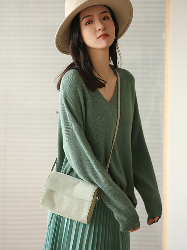 Green V Neck Loose Sweater