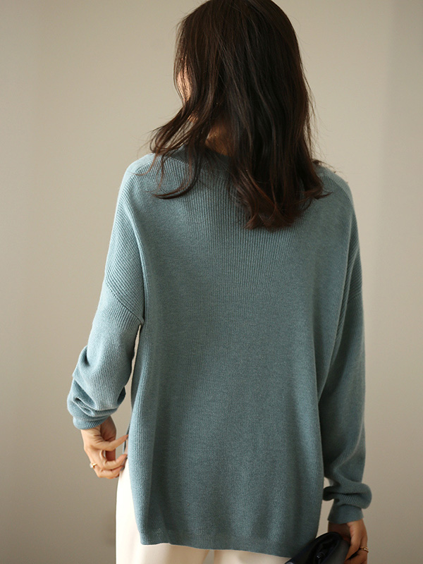 Blue V Neck Loose Sweater