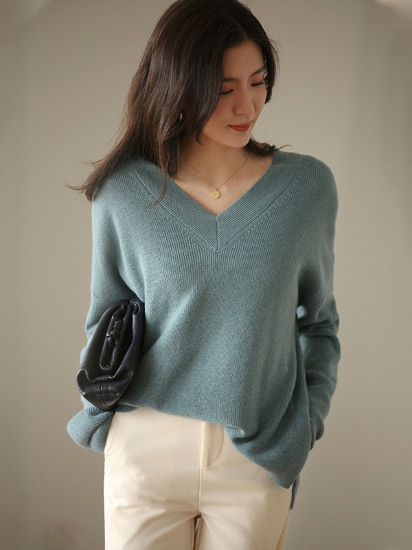 Blue V Neck Loose Sweater