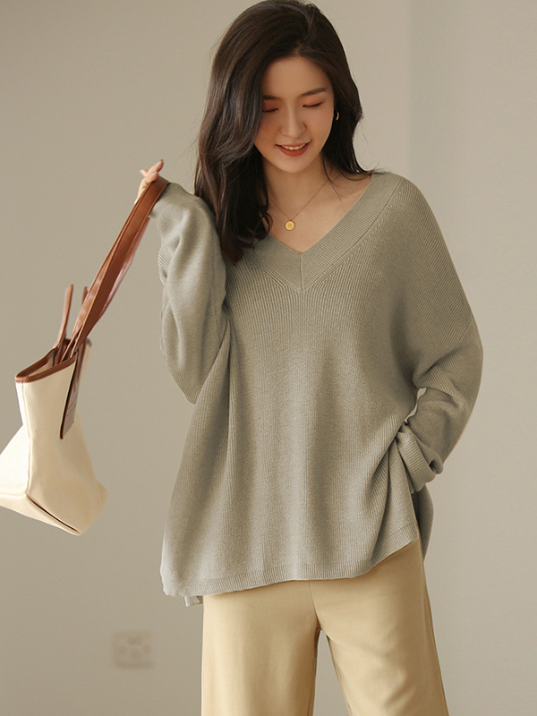 Khaki V Neck Loose Sweater