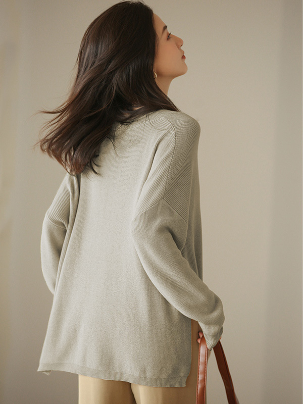 Khaki V Neck Loose Sweater