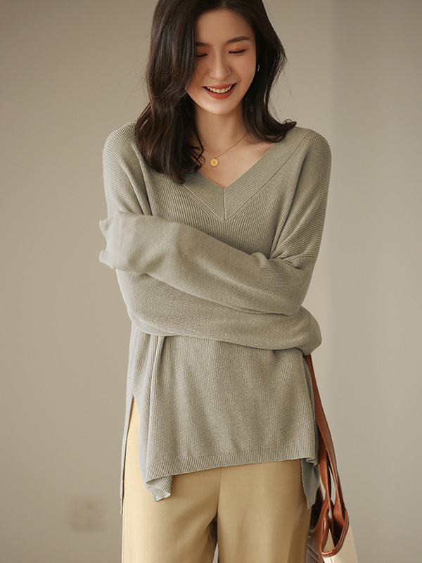 Khaki V Neck Loose Sweater