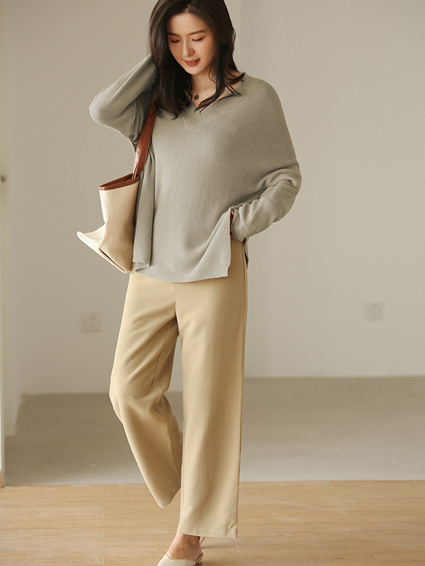 Khaki V Neck Loose Sweater