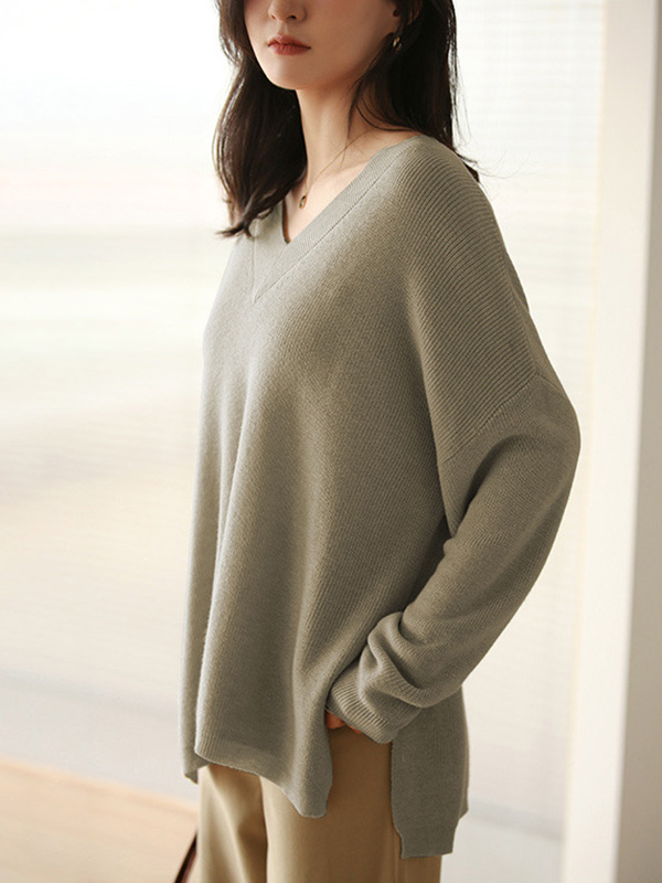 Khaki V Neck Loose Sweater