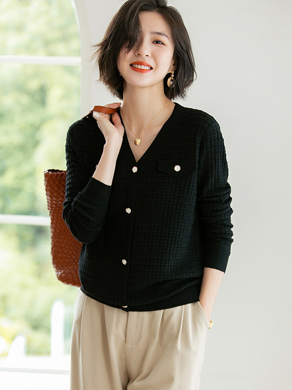 Black V Neck Knitted Top with Button Decoration