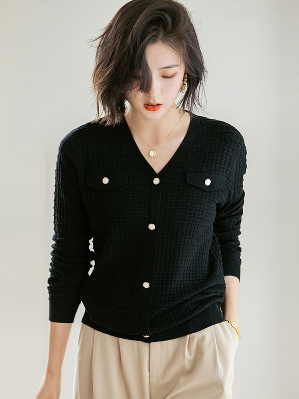 Black V Neck Knitted Top with Button Decoration