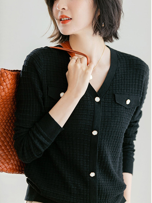 Black V Neck Knitted Top with Button Decoration