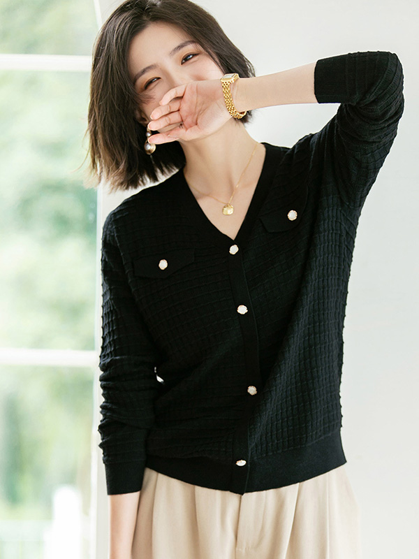 Black V Neck Knitted Top with Button Decoration