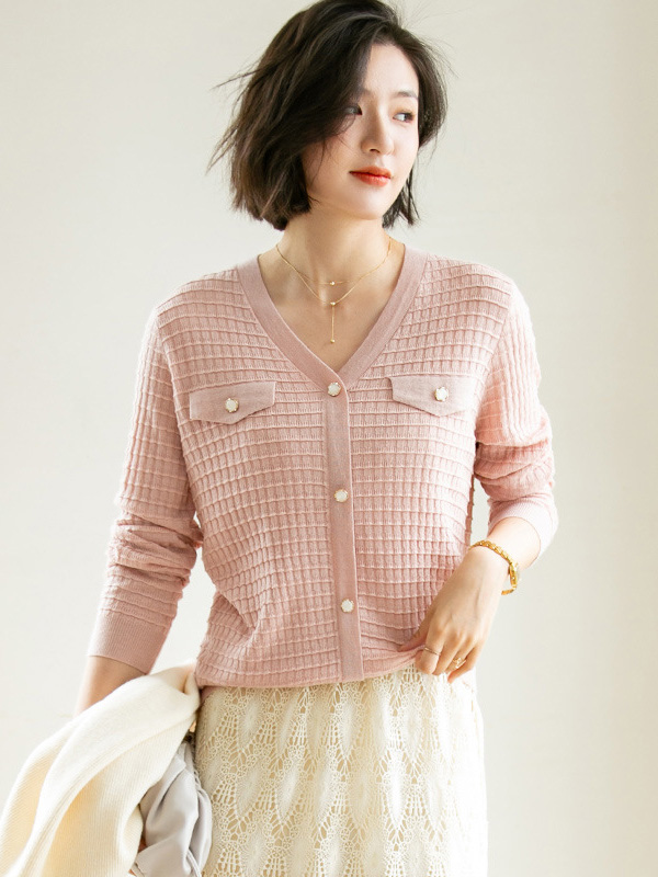 Pink V Neck Knitted Top with Button Decoration