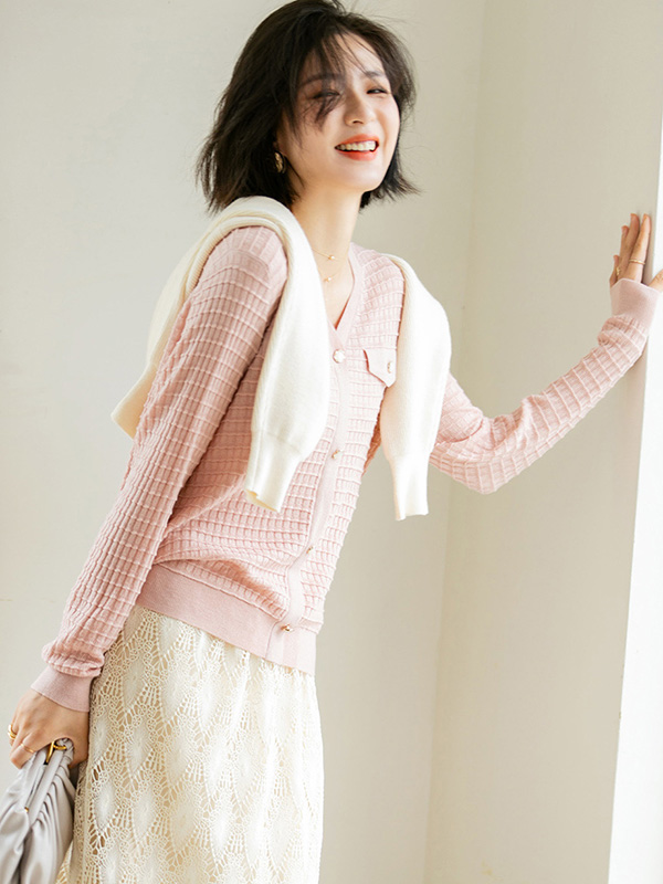 Pink V Neck Knitted Top with Button Decoration