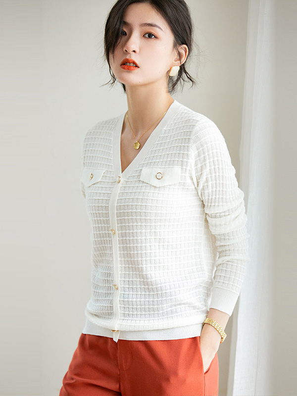 White V Neck Knitted Top with Button Decoration