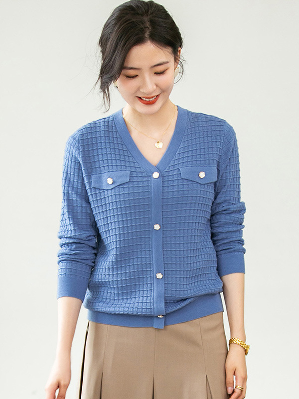 Blue V Neck Knitted Top with Button Decoration