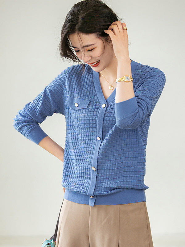 Blue V Neck Knitted Top with Button Decoration