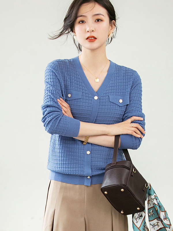 Blue V Neck Knitted Top with Button Decoration