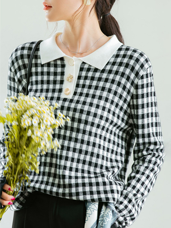 Black Check Polo Knitted Top