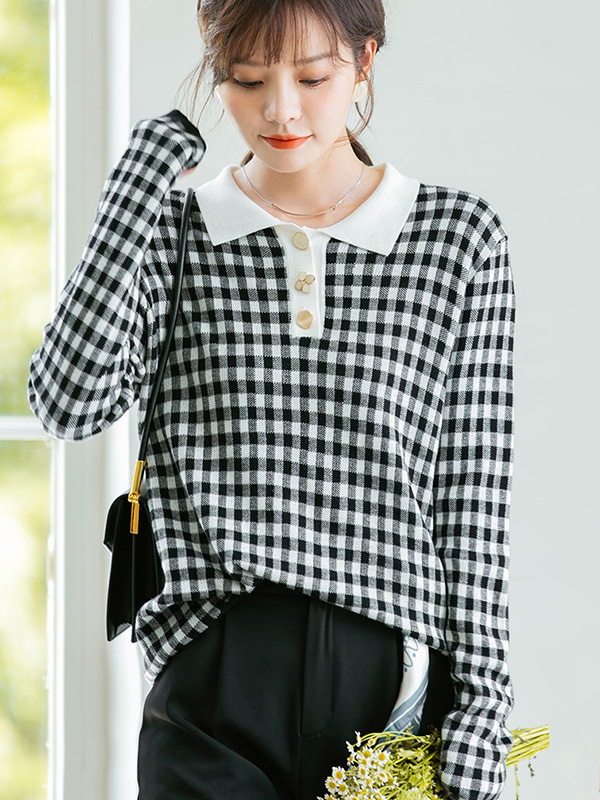 Black Check Polo Knitted Top