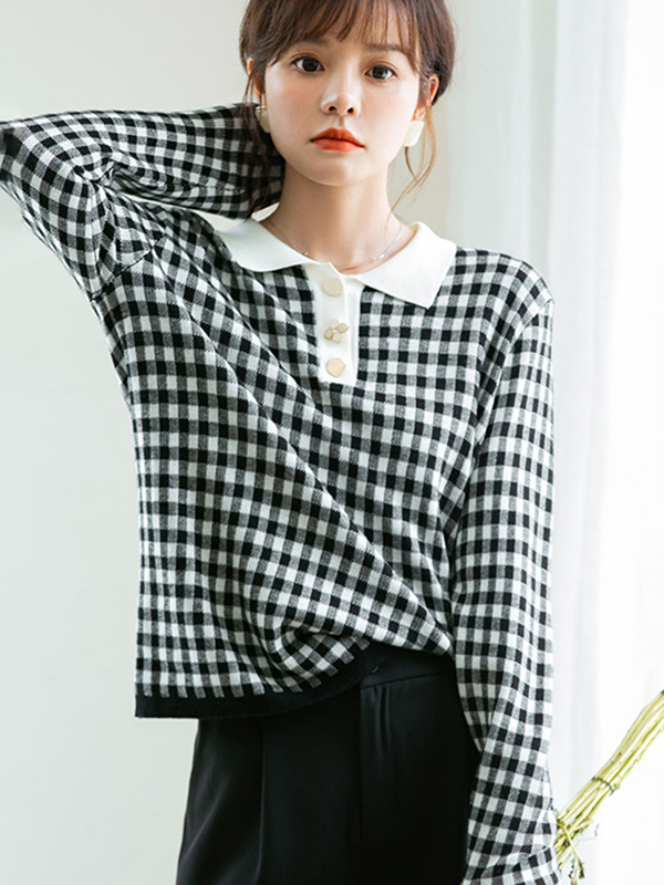 Black Check Polo Knitted Top