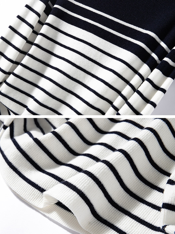 Navy Blue Round Neck Striped Knit Top